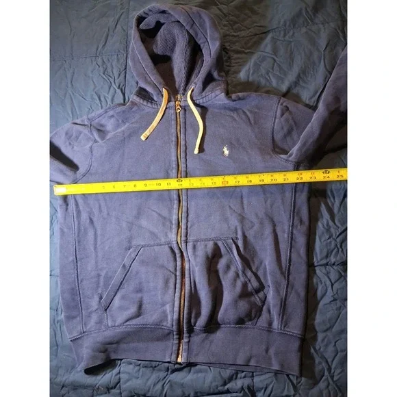 Polo Ralph Lauren Full Zip Fleece Lined Hoodie Navy Blue White Pony Logo Sz L - Picture 2 of 6